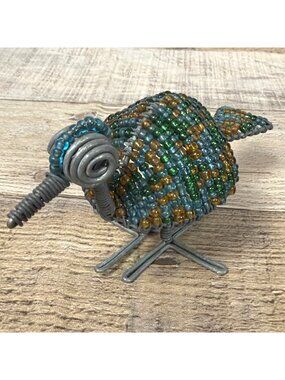 Vintage Handmade South Africa Wire Bead Bird Folk Art Sculpture Blue Green Gold